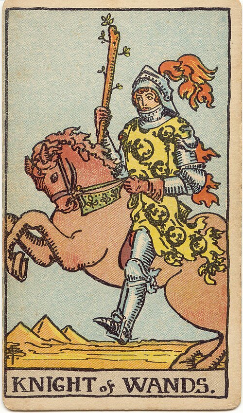 Knight of Wands, original 1909 Rider–Waite–Smith illustration by Pamela Colman Smith