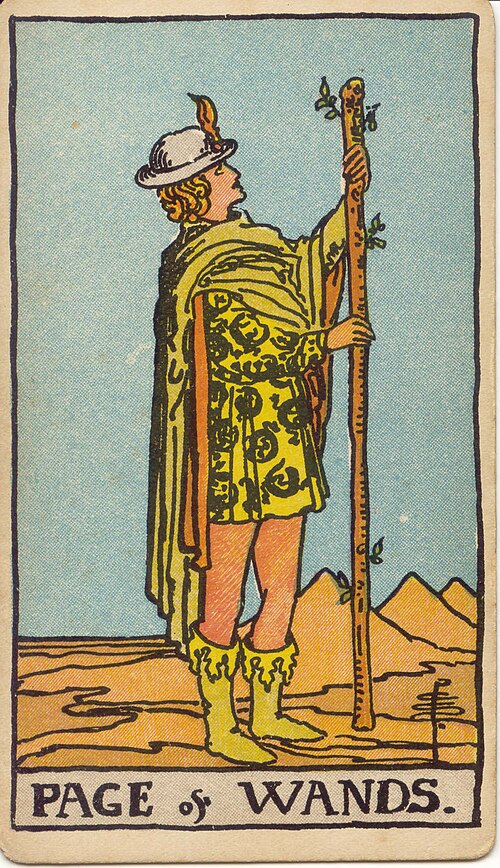 Page of Wands, original 1909 Rider–Waite–Smith illustration by Pamela Colman Smith