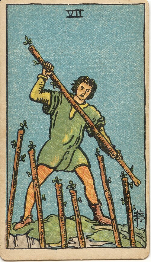 Seven of Wands, original 1909 Rider–Waite–Smith illustration by Pamela Colman Smith