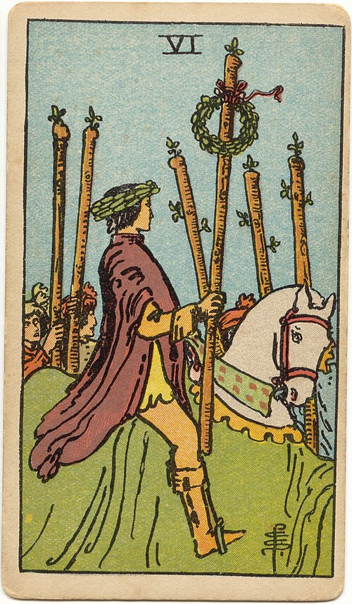 Six of Wands, original 1909 Rider–Waite–Smith illustration by Pamela Colman Smith