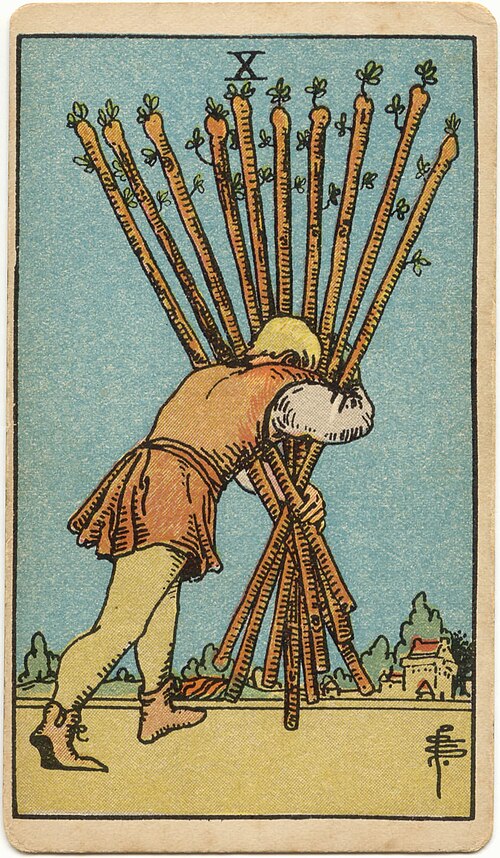 Ten of Wands, original 1909 Rider–Waite–Smith illustration by Pamela Colman Smith
