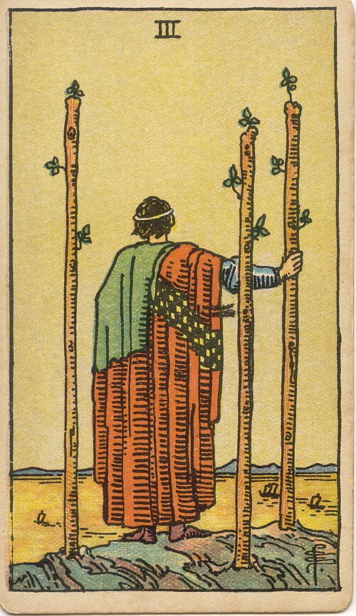 Three of Wands, original 1909 Rider–Waite–Smith illustration by Pamela Colman Smith