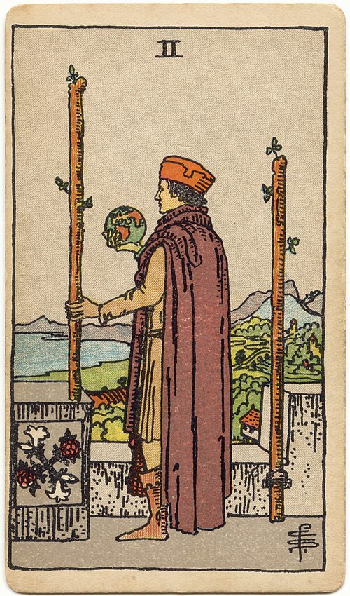 Two of Wands, original 1909 Rider–Waite–Smith illustration by Pamela Colman Smith