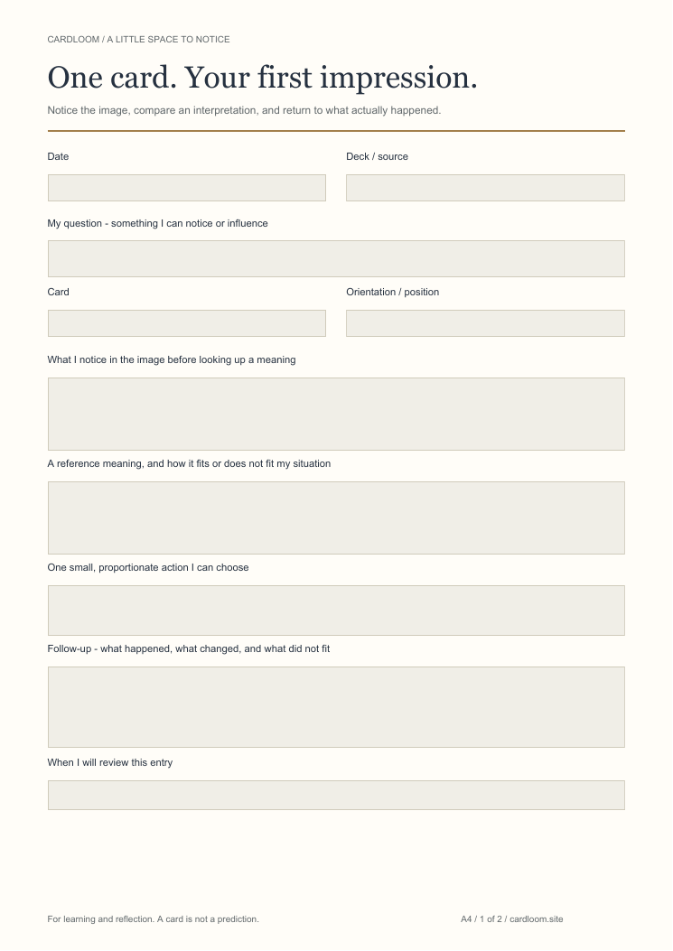 Preview of Cardloom's one-card journal worksheet, with space for observations, an interpretation, a small action and a follow-up